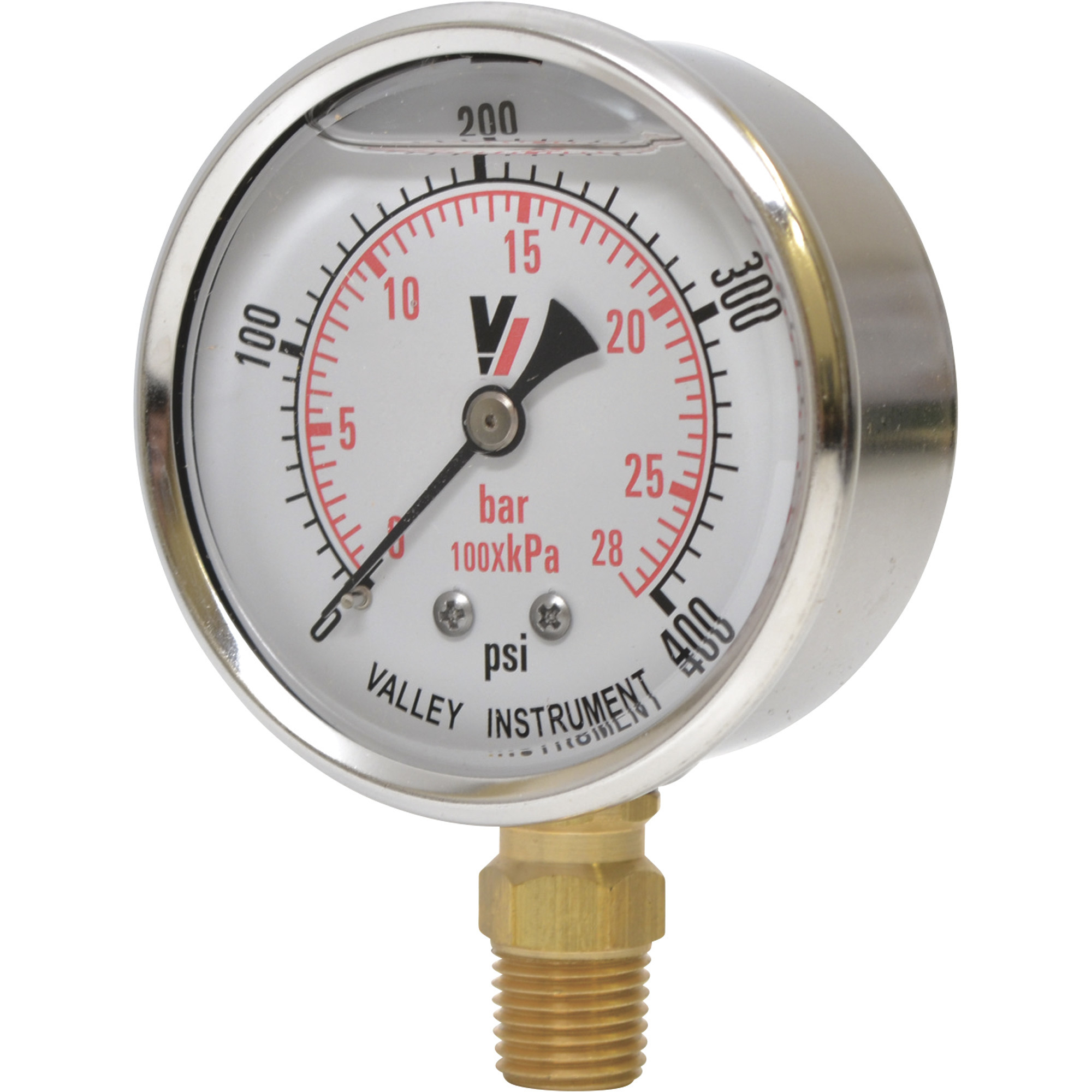 Valley Industries, 2.5in. Bottom Mt Gauge 400PSI, Case Material Stainless Steel, Min. Operating Pressure 0 PSI, Max. Operating Pressure 400 PSI, Model# 2140GXB400